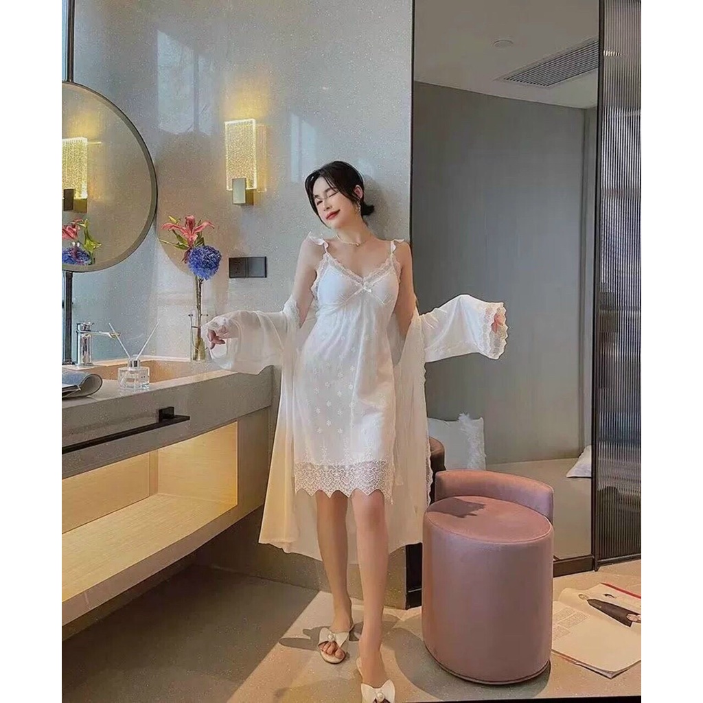 SÉT CHOÀNG NGỦ LỤA gồm áo choàng và váy tiểu thư REN NGỰC QUYẾN RŨ | BigBuy360 - bigbuy360.vn