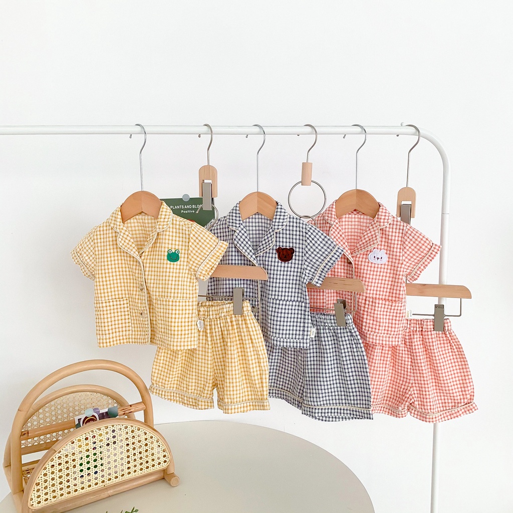 Bộ Đồ Ngủ Gồm Áo Sơ Mi Caro + Quần Short Dành Cho Bé Trai Gái 1-3 Tuổi
