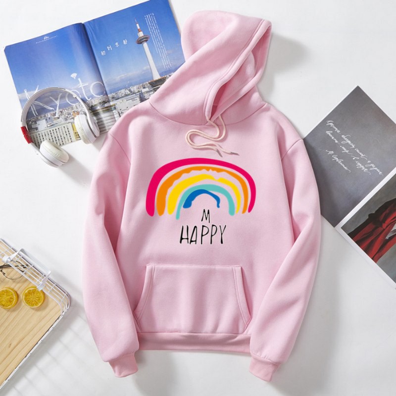 Phiên bản Hàn Quốc của áo len size S-3XL plus vải thoải mái, áo hoodie in cầu vồng may mắn, áo chui đầu dài tay,