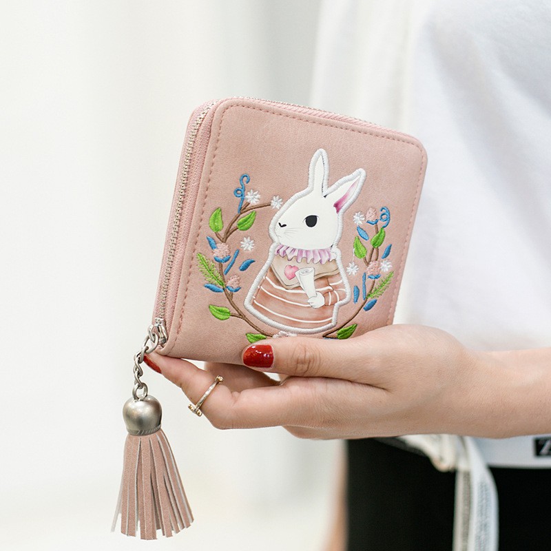 Ví Ngắn Nữ Cầm Tay Hình Vuông Nhỏ Gọn Dễ Thương Có Hình Chú Thỏ Thêu Hoa Xinh Xắn Dây Kéo Tua Rua Phong Cách Hàn Quốc