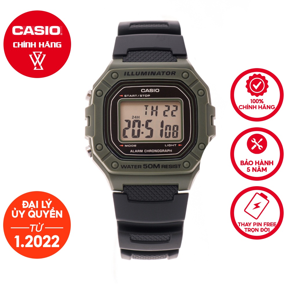 Đồng Hồ Điện Tử Nam Casio WATCHSTORE W-218H-3AVDF Thiết Kế Kính Nhựa 43mm, Độ Chịu Nước 5ATM, Vỏ Nhựa Cao Cấp