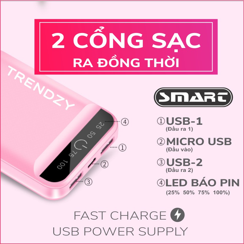 Sạc Dự Phòng Mini 10000mAh chính hãng SMART POWERBANK, 2 Cổng Sạc 2A/5V | Công nghệ ASIC thông minh