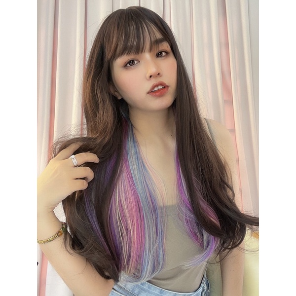 &lt;Ảnh Thật&gt; Tóc Giả Nguyên Đầu Xoăn Nhẹ Line Cầu Vồng 2190