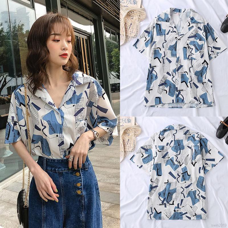 Áo chiffon nữ cổ chữ V in họa tiết phong cách retro