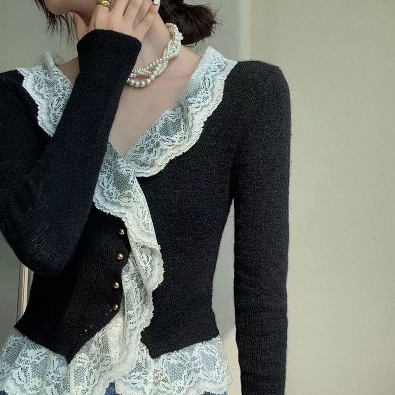 Áo Sweater Dệt Kim Mỏng Tay Dài Phối Ren Phong Cách Pháp Thời Trang Mùa Đông Mới Cho Nữ