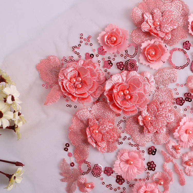 1 Miếng Vải Ren Thêu Hoa Đính Cườm 3D 25 * 25CM Trang Trí Váy Cưới