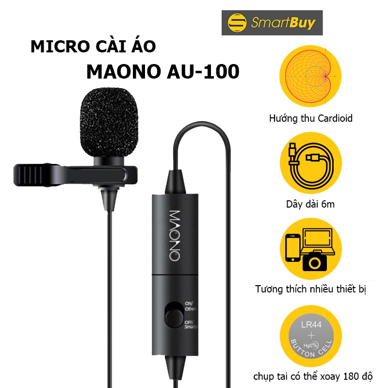 Micro cài áo cho điện thoại, máy ảnh, máy quay Maono AU-100 - Micro thu âm làm youtube Vlog