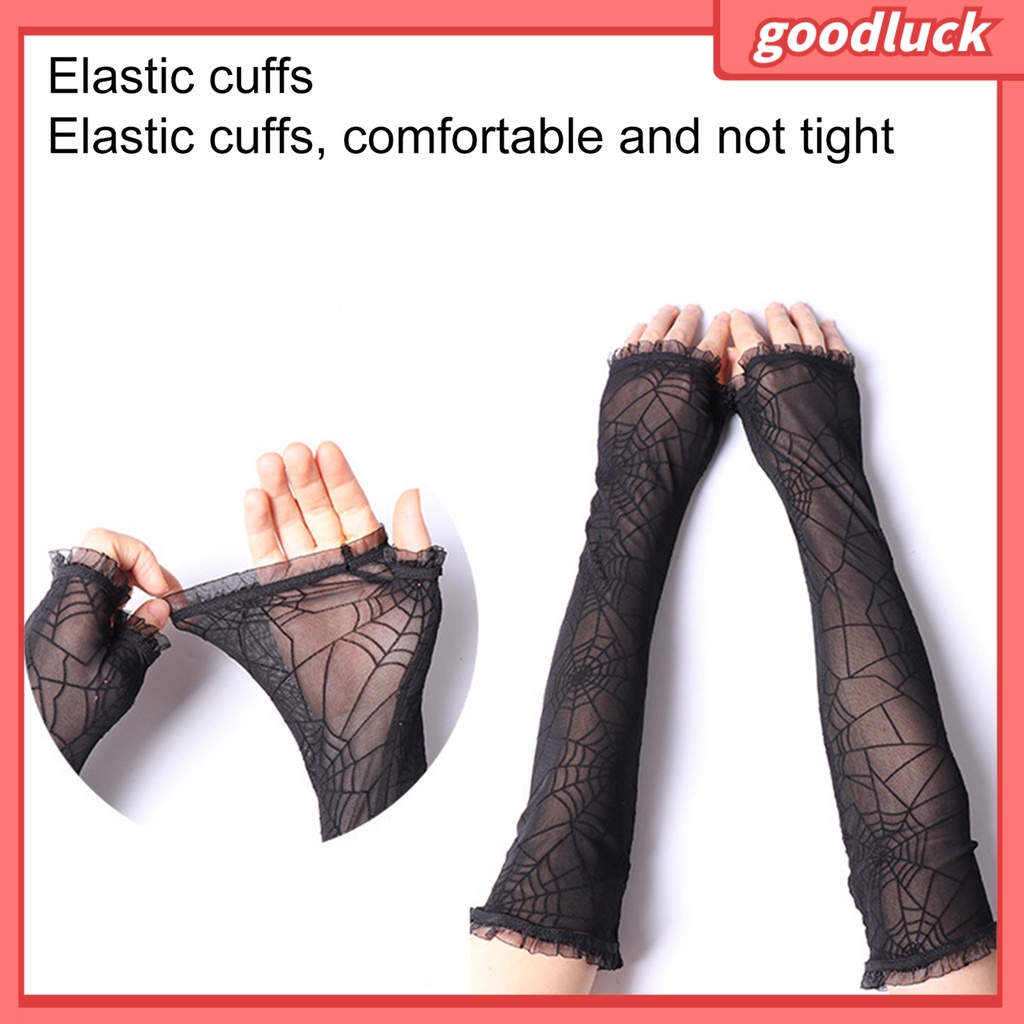 Găng tay hở ngón màu đen họa tiết nhện dùng hóa trang halloween