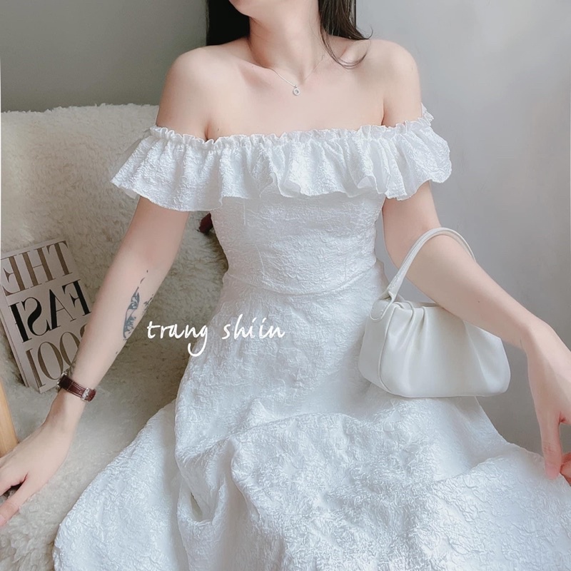 ĐẦM XỐP BẸT VAI BÈO MIDI TRẮNG