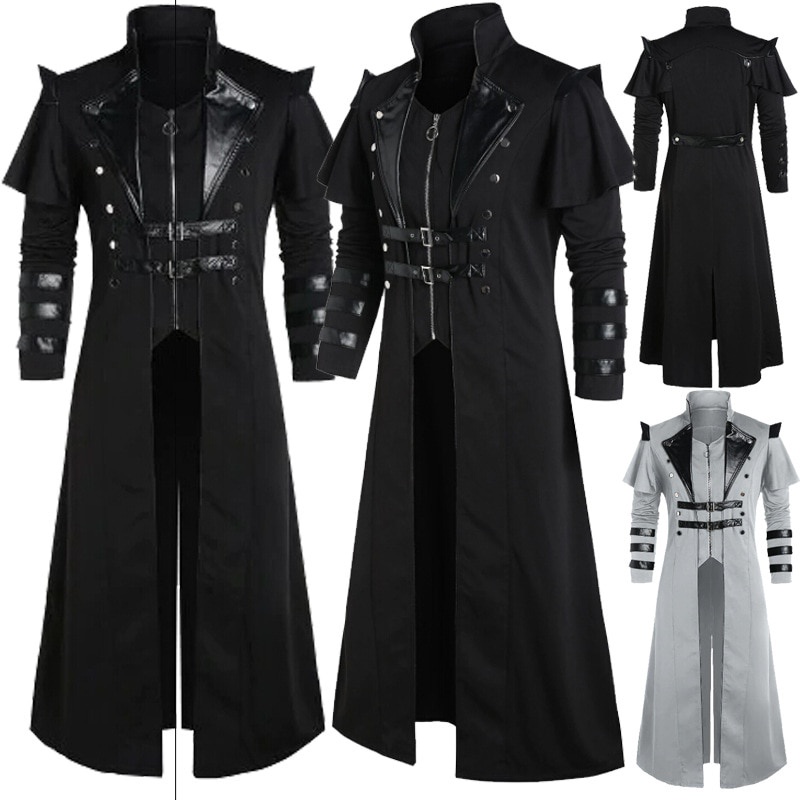 Cổ điển Halloween Trung cổ Steampunk Sát thủ Yêu tinh Trang phục Cướp biển Người đàn ông Người lớn Màu đen Chia dài Áo khoác Gothic Áo giáp Áo khoác da