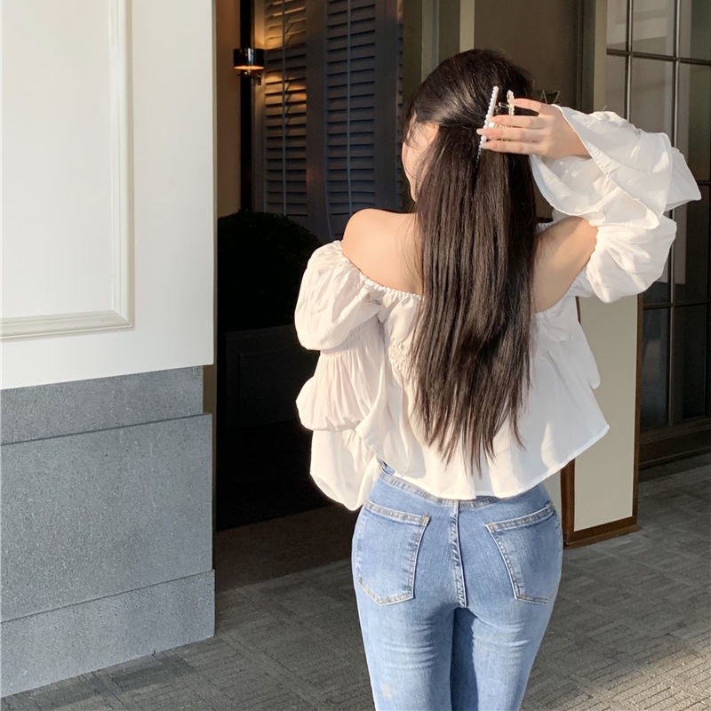 Áo kiểu COZOKC dài tay trễ vai phối bèo thời trang quyến rũ cho nữ