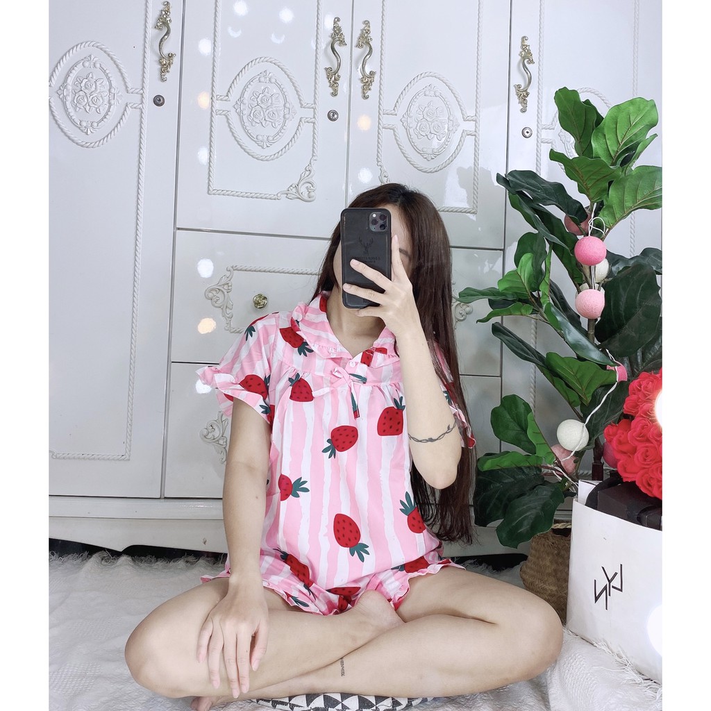 Bộ đồ ngủ, đồ bộ pijama lụa nữ mặc nhà áo tay ngắn quần ngắn bèo chất liệu kate thái