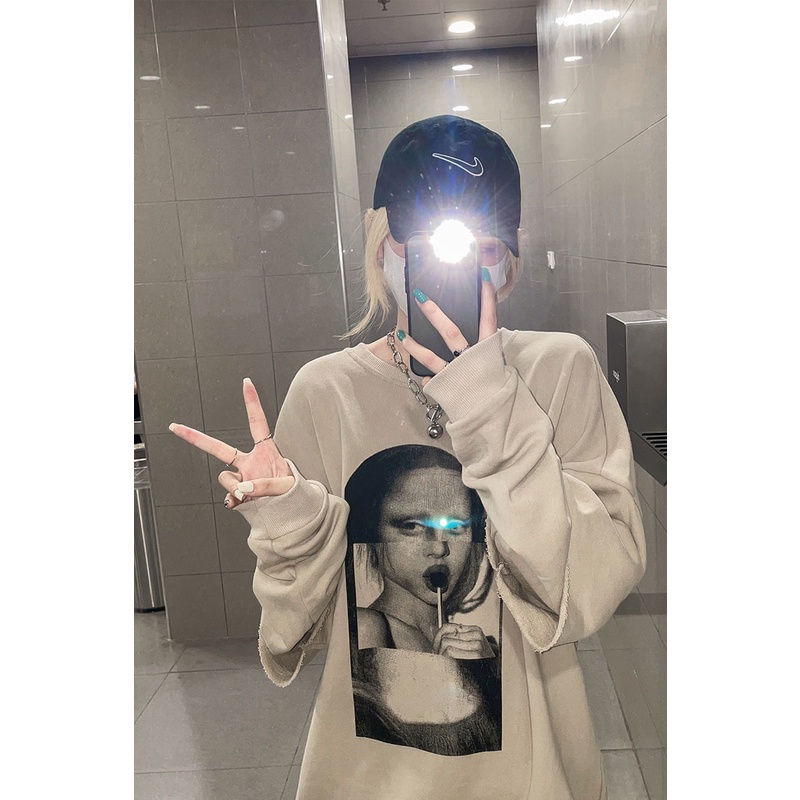 Áo thun nữ dáng rộng tay dài in hình đơn giản thời trang Hàn Quốc