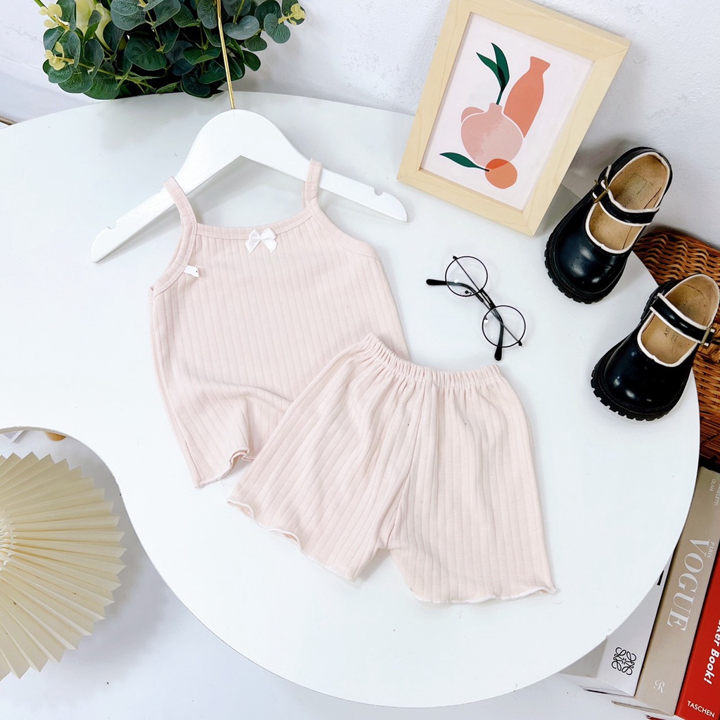 Bộ quần áo bé gái, Set bộ áo hai dây và quần short sọc tăm chất thun cotton cho bé từ 7 đến 18 kg, SUN KID'S