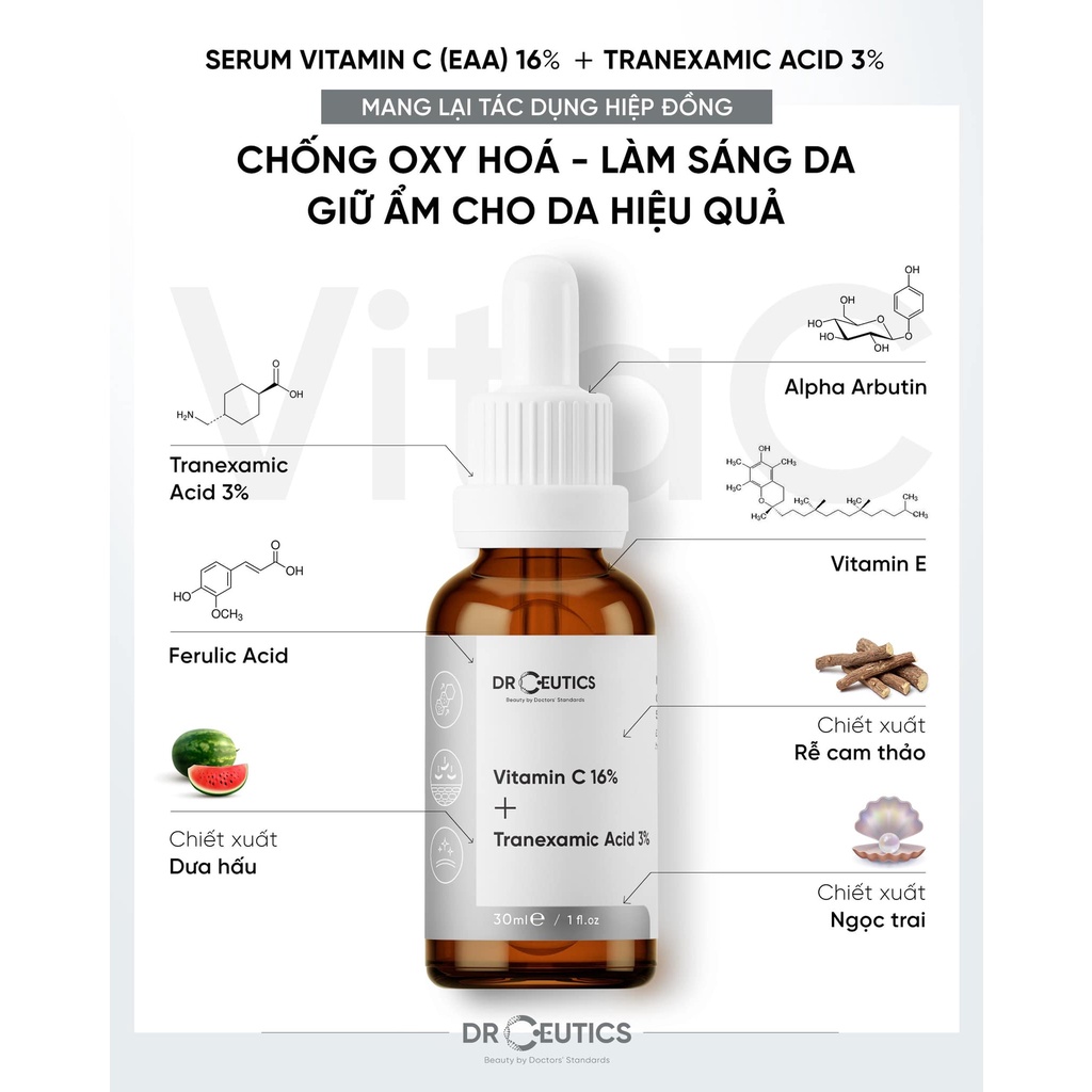 Serum DrCeutics Vitamin C 16% + Tranexamic Acid 3% 30ml giúp dưỡng trắng, mờ thâm sạm Thương