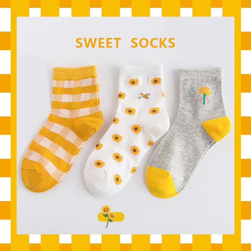 Tất cổ cao Bivota vớ tất nữ họa tiết hoa vàng vintage phong cách Hàn Quốc cực xinh T99