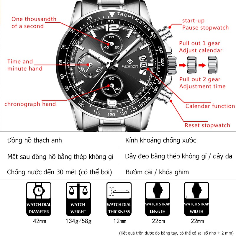 【Official product】WISHDOIT Men's Multifunction Three-eye Chronograph Sport swimming Quartz watches Stainless steel strap Calendar function Luminous function Business Casual watch Personalized fashion trend watch All Black watches