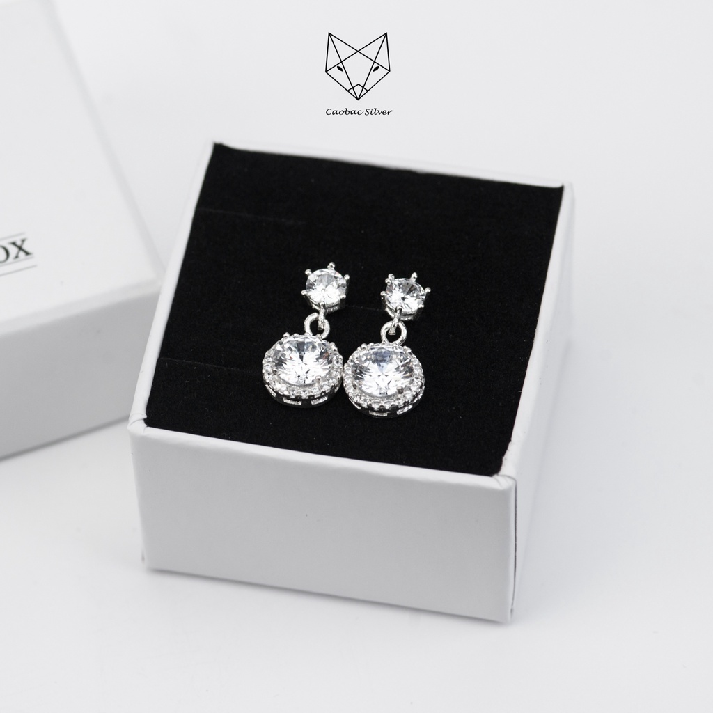 Khuyên Bạc Ta S925 Đính Đá Cao Cấp CaoBac Silver Ổ Đá Tròn Đá Rơi Phong Cách Dễ Thương, Đáng Yêu Cho Nữ