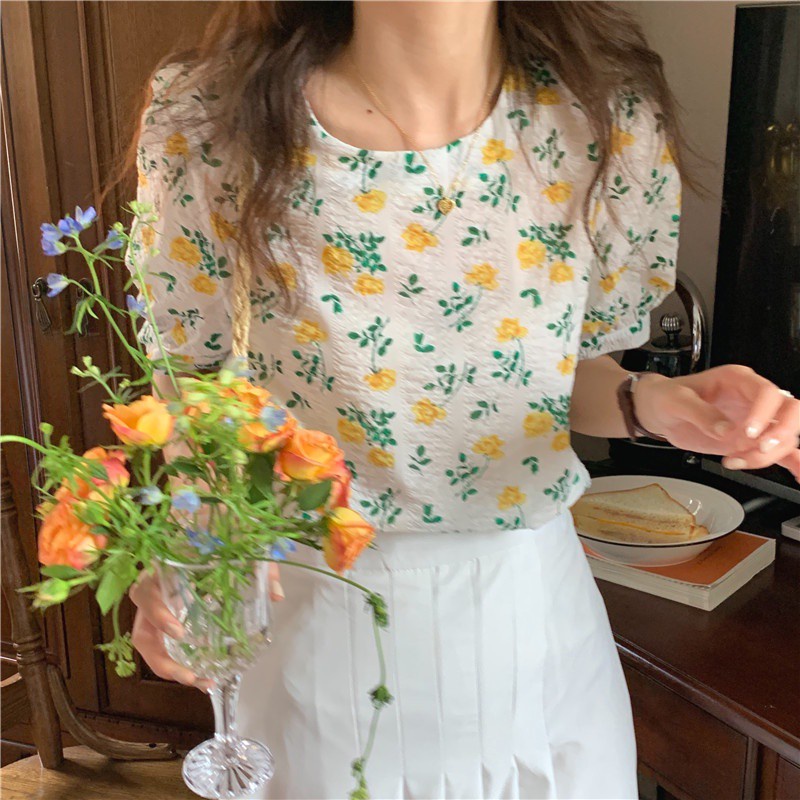 Set Áo Tay Phồng Cổ Tròn Màu Trơn + Chân Váy Dài Lưng Cao Xếp Ly Phong Cách Hàn Quốc Mới 44050