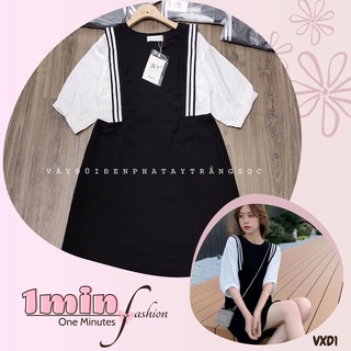 Váy Đũi Đen Pha Tay Trắng Sọc Bên