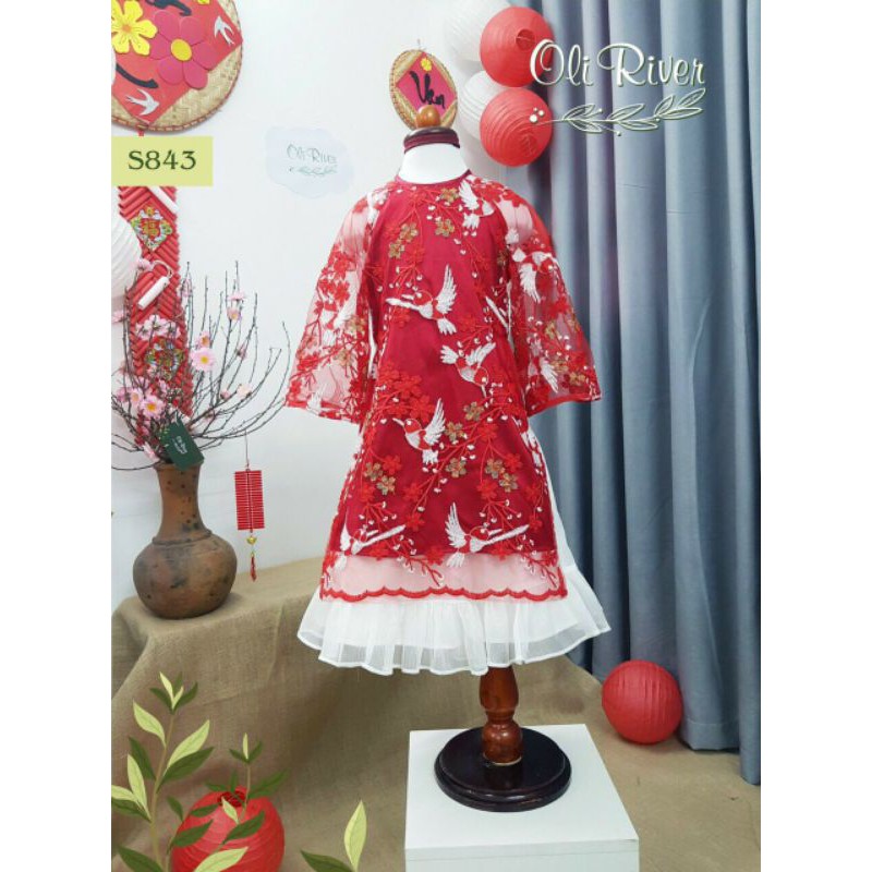 Áo dài bé gái chim én màu đỏ size 1-10 cho bé từ 10-35kg. Chất liệu mềm mại. Thời trang trẻ em