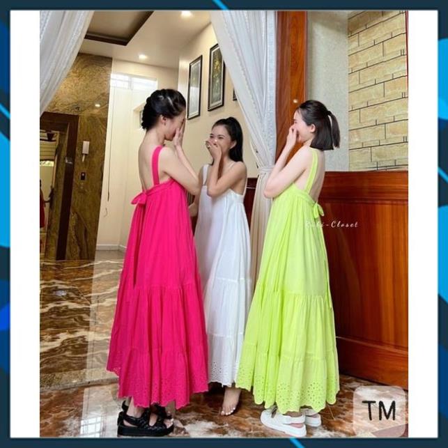 Đầm maxi 2 dây nơ lưng phối chân ren