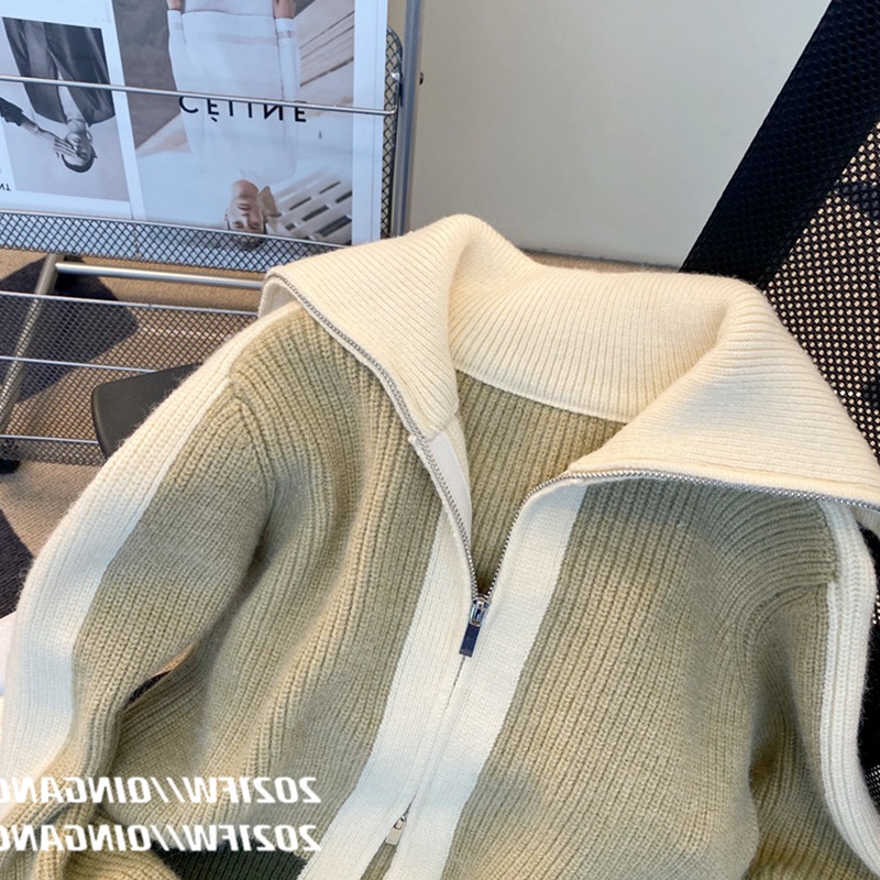 622553 Áo Khoác Cardigan Dệt Kim Dày Dáng Rộng Màu Sắc Tương Phản Thời Trang Thu Đông Cho Nữ