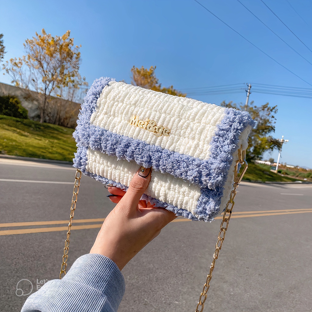 [Có video hướng dẫn] Túi len tự đan phối màu, túi đeo chéo Mei&amp;ge len xù - Bộ phụ kiện đầy đủ LX105