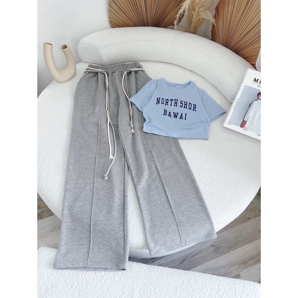 SET ÁO CROPTOP XANH IN CHỮ + QUẦN XÁM LƯNG THUN SUÔNG (TH)