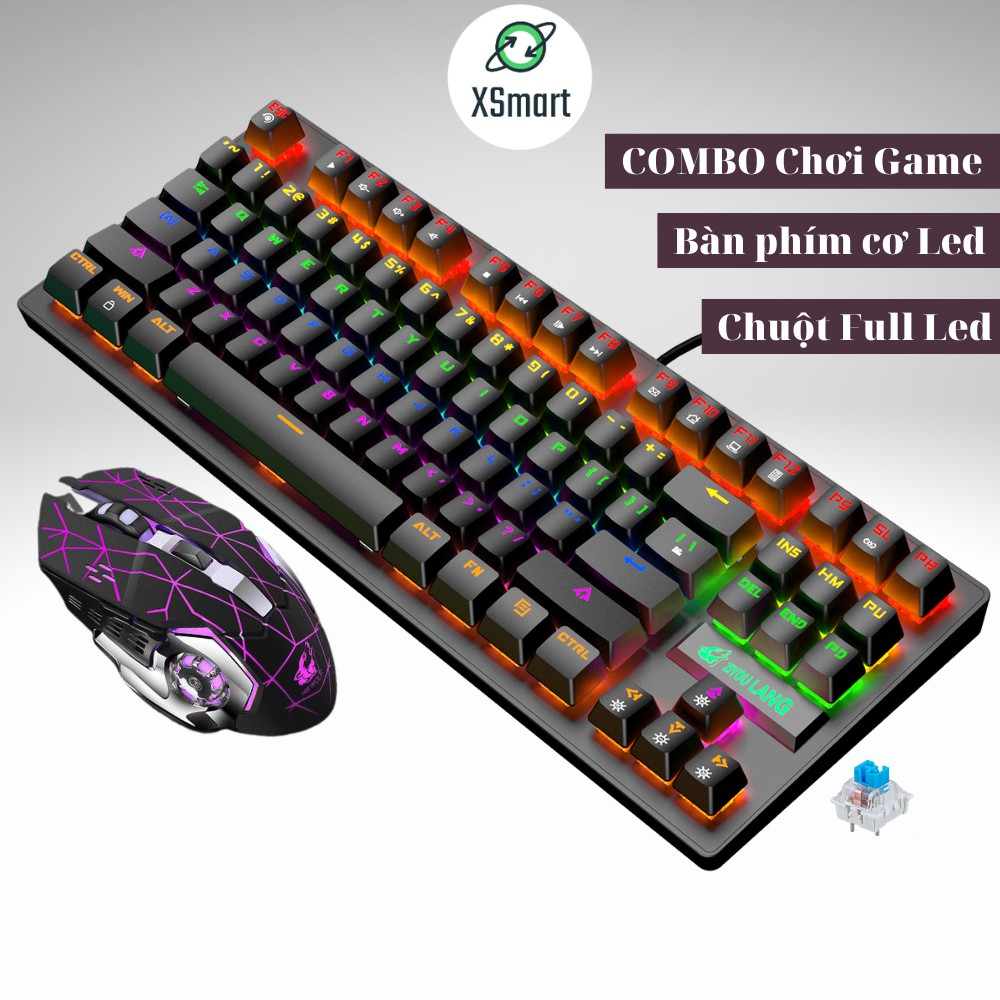 Bộ bàn phím cơ và chuột chơi game có dây Full Led đổi màu cực đẹp kiểu dáng gaming K2 đen + V5 tia sét