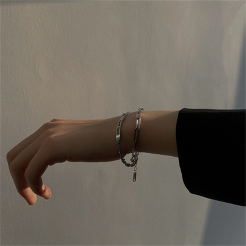 Vòng Tay Hai Lớp Bằng Thép Titan Không Phai Khắc Chữ May Mắn Phong Cách Hip hop Thời Trang Cho Nữ