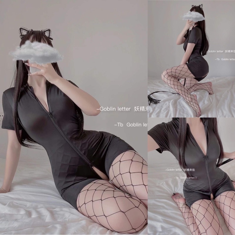 Đồ ngủ sexy cộc tay kéo khóa phía trước quyến rũ Không kèm tất lưới