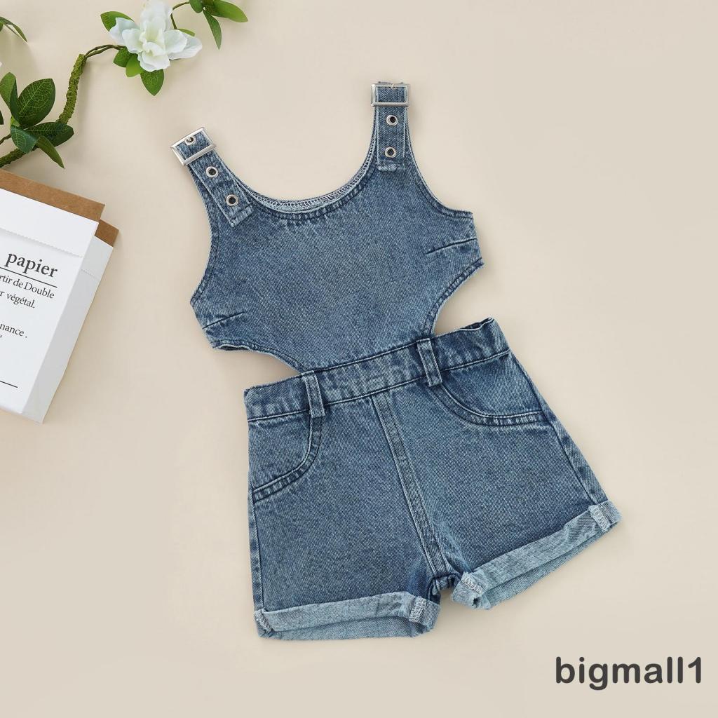 Bộ Áo Liền Quần Vải Jean Cổ Vuông Màu Trơn Dành Cho Bé Gái 6 Tháng Tuổi 4 Tuổi