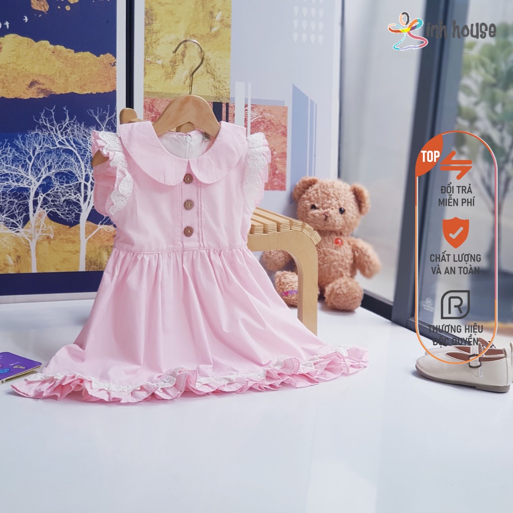 Váy Đầm Cotton Xinh House Phối Ren Màu Hồng Cho Bé Gái (2 - 10 Tuổi) V004