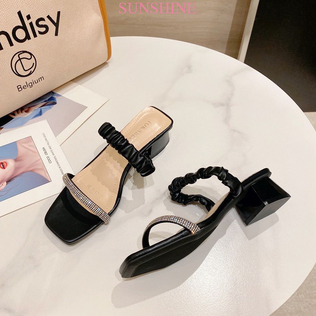 Sandal đế vuông, dép cao gót đế vuông quai đính đá Sunshine_Store A004