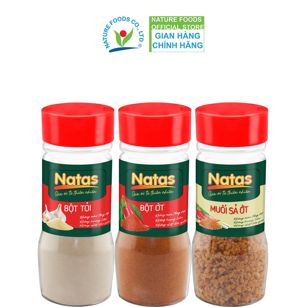 Combo gia vị ướp nướng hải sản Natas: Bột tỏi hũ 65g + Bột ớt hũ 45g + Muối sả ớt hũ 60g