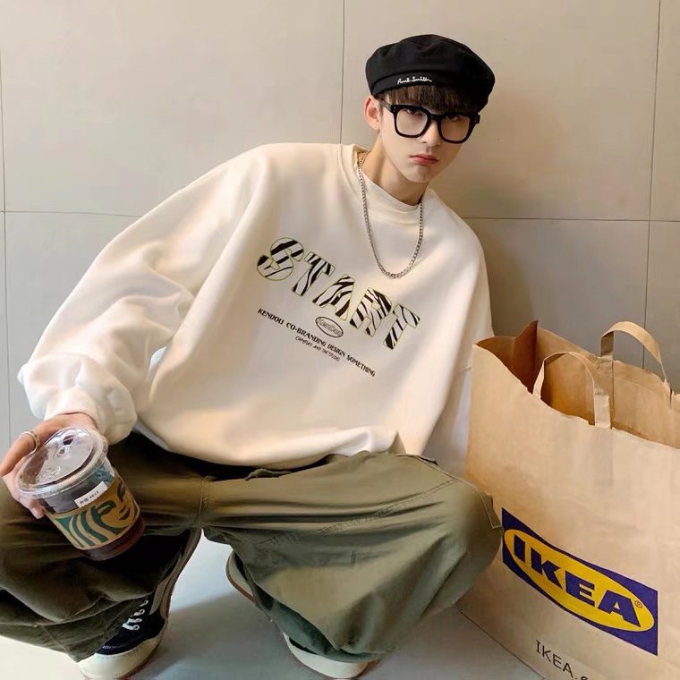 Áo Sweater Dài Tay Cổ Tròn Dáng Rộng 45kg-85kg Thư in phi hành đoàn cổ áo sơ mi oversize