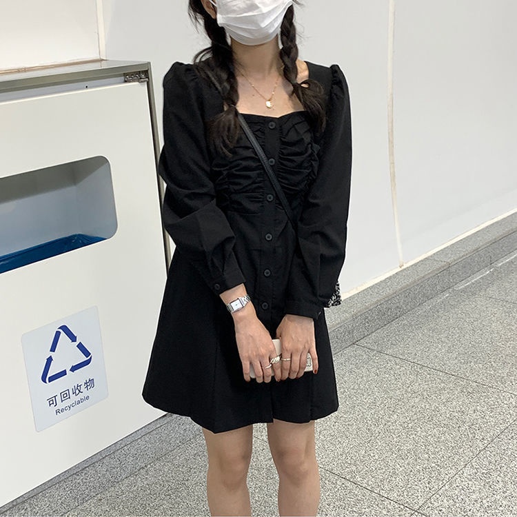 Đầm chữ A tay dài cổ vuông phong cách Hàn Quốc