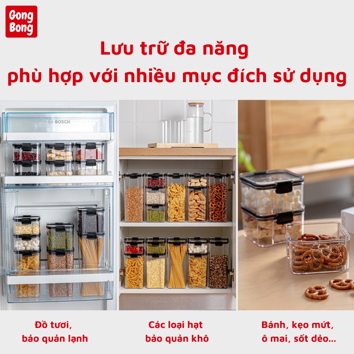 Hộp nhựa trong suốt đựng thực phẩm ngũ cốc đồ khô trái cây sấy bảo quản đồ ăn vặt nắp kín xếp trồng ngăn nắp nhà bếp