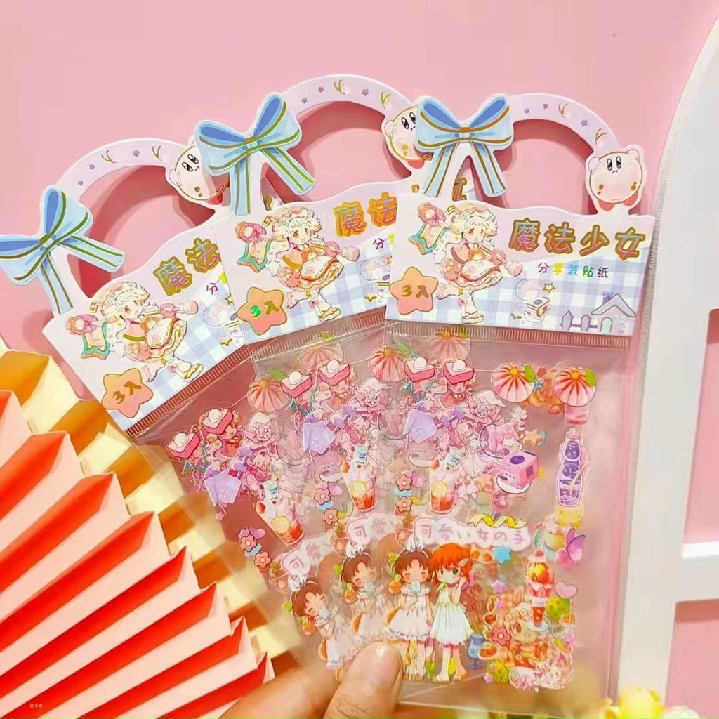 Set túi sticker quai 3 tấm cắt sẵn PET không thấm nước dễ thương nhiều chủ đề, trang trí bukao