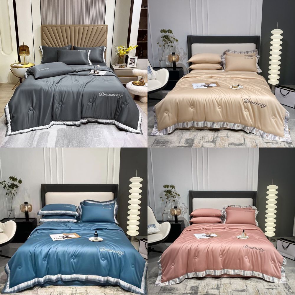 Bộ chăn ga gối phi lụa bóng 4 món chăn chần bông