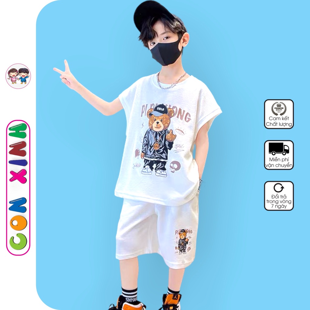 Bộ đồ bé trai Con Xinh cotton sát nách hình in GẤU SOLO,thời trang mùa hè dành cho trẻ em từ 4 đến 10 tuổi
