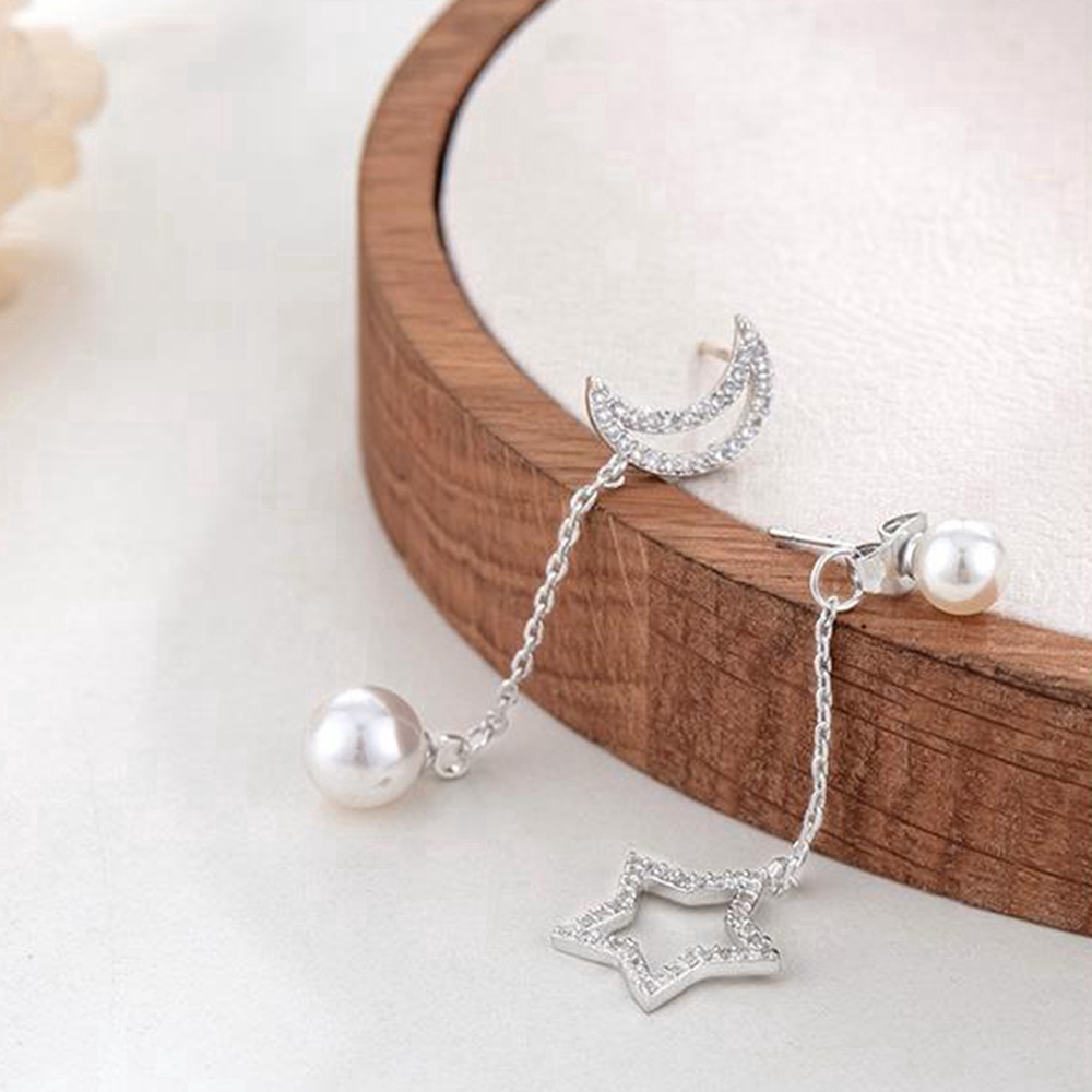 Đôi khuyên tai dây dài quyến rũ hình ngôi sao và hạt tròn mặt trăng