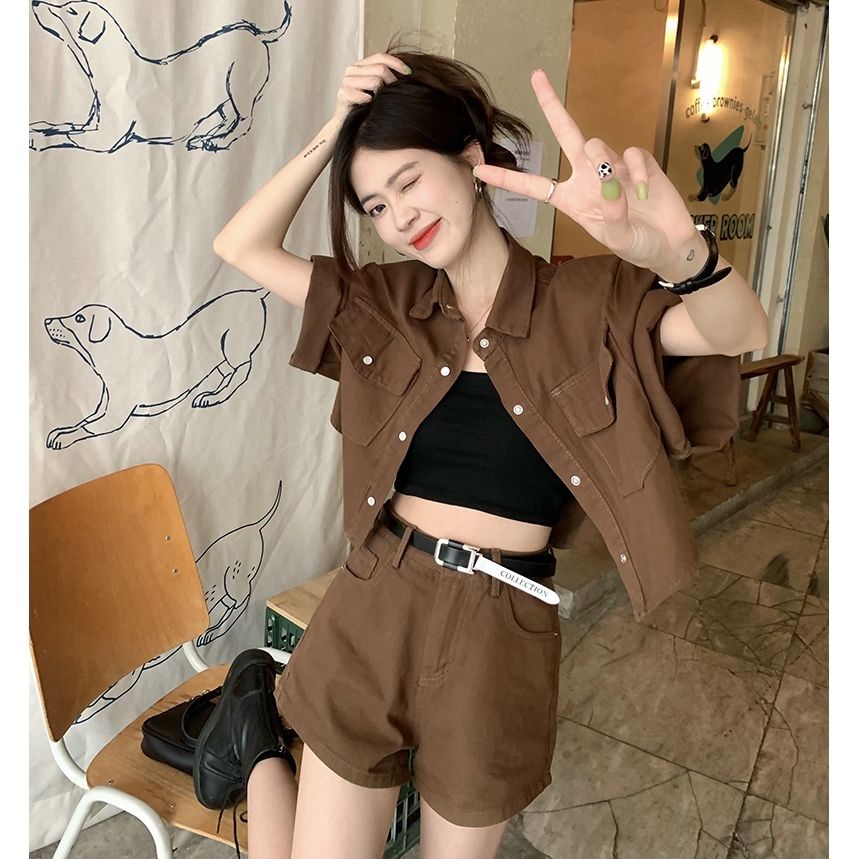 Denim suit women's summer vintage polo collar short-sleeved jacket + fashion wide-leg shorts one piece / two-piece set