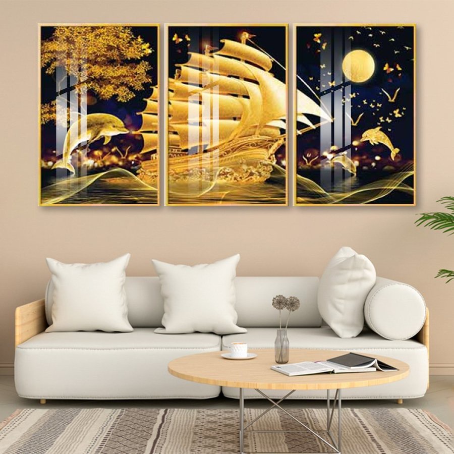 Tranh treo tường tráng gương bộ 3 tấm phong thủy đẹp Lala trang trí phòng khách phòng ngủ