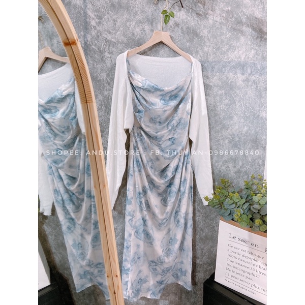 Set áo cardigan+Váy lụa 2 dây cao cấp cổ đổ màu hoa xanh mát ⚡️ANDUSTORE⚡️