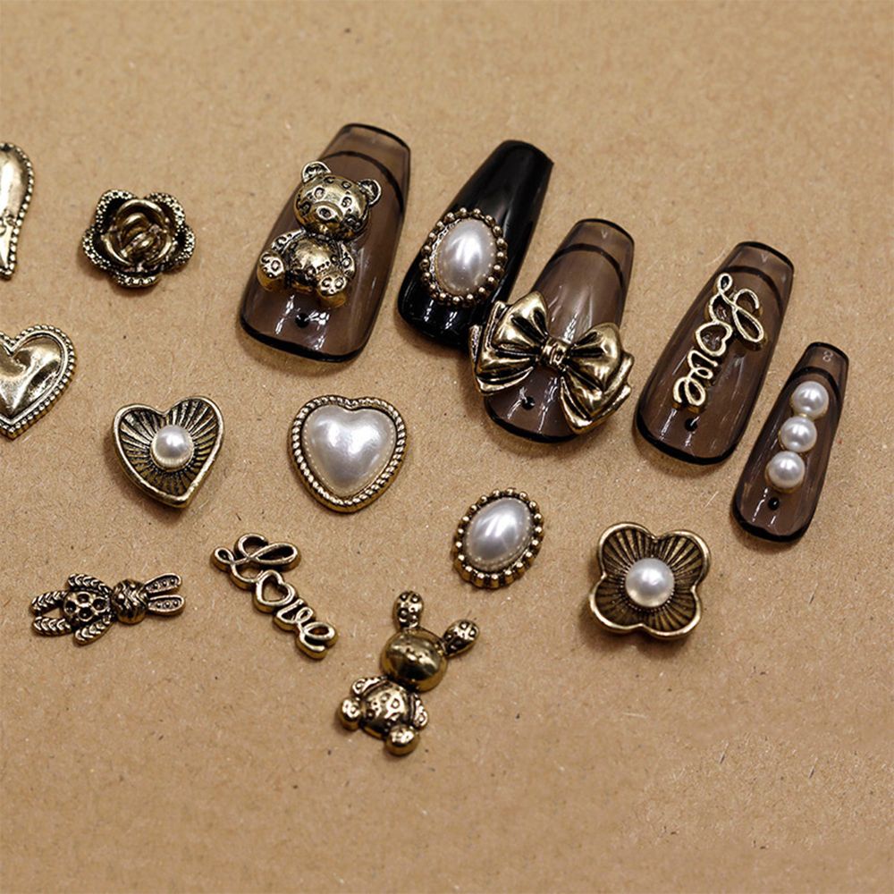 [Hàng mới về] Hộp phụ kiện trang trí móng tay hình hoa/ gấu/ nơ/ trái tim 3D bằng hợp kim phong cách cổ điển độc đáo diy