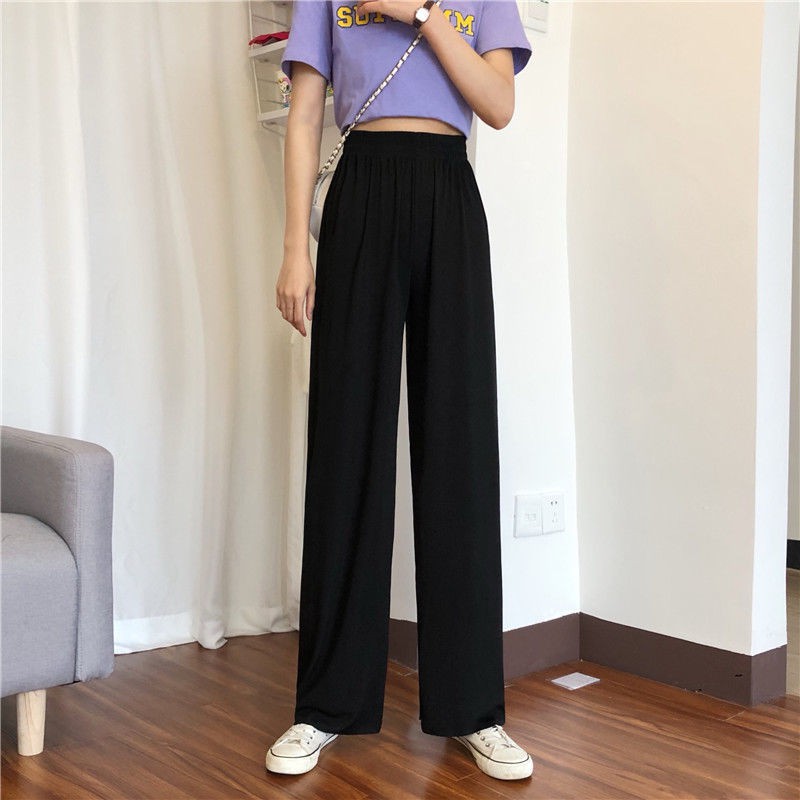 Hot Sale Ice silk wide-leg pants women spring and autumn high waist drape black loose summer thin mopping casual straight trousers