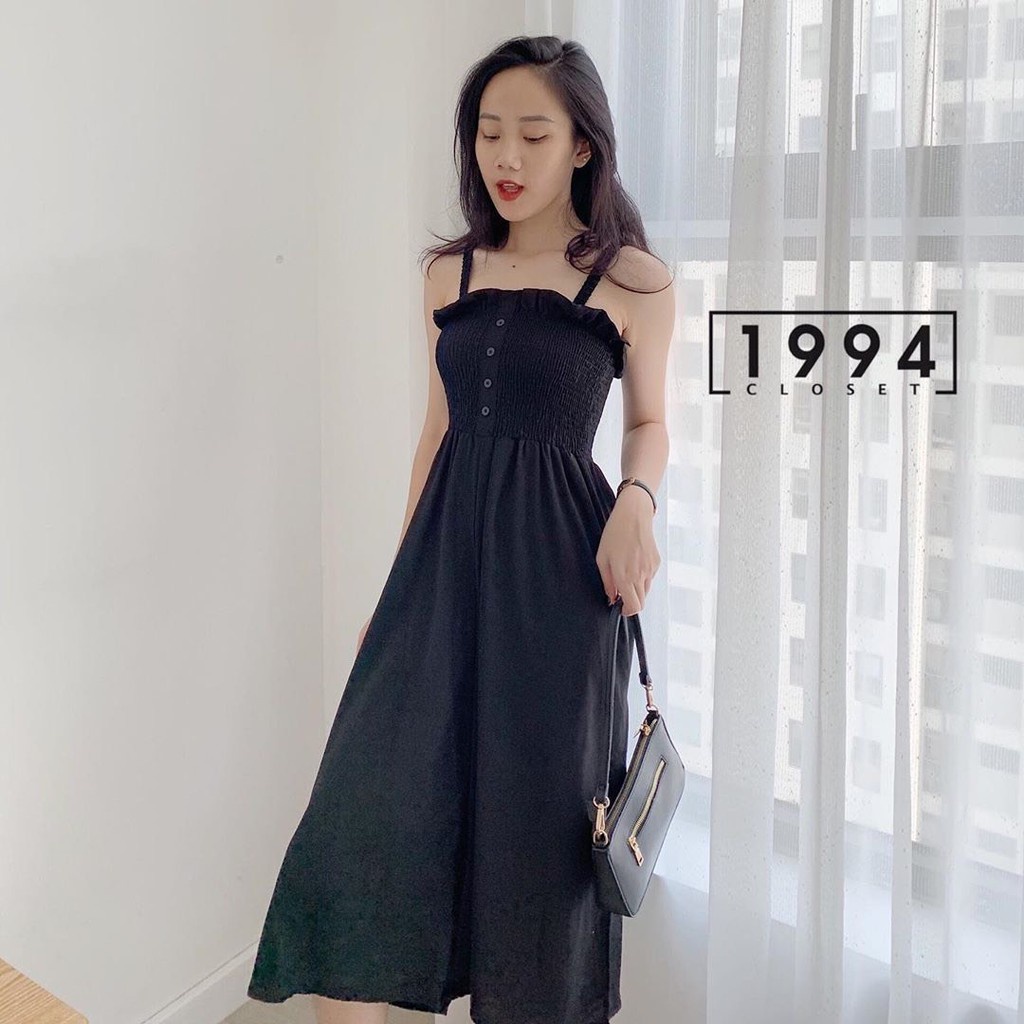 JUMPSUIT ĐŨI HAI DÂY CHUN NGỰC PHỐI QUẦN CULLOTES ỐNG RỘNG ULZZANG MÀU BE ĐEN - BỘ JUM 2 DÂY ĐŨI HOT