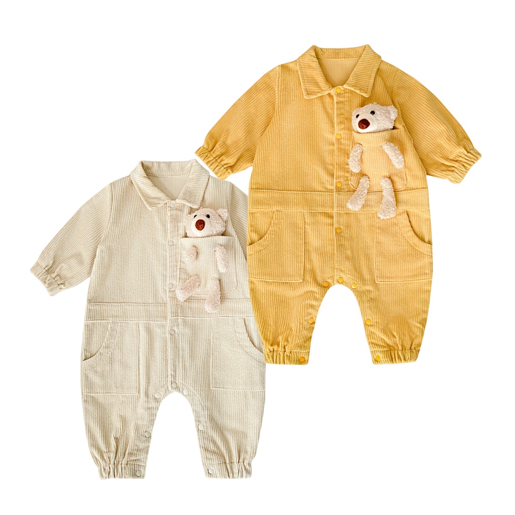 Áo liền quần SANLUTOZ vải cotton có túi hình gấu dễ thương thời trang mùa đông cho bé trai